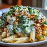A skillet of High Protein Rotisserie Chicken Broccoli Pasta garnished with fresh parsley and grated Parmesan.