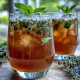 Iced lavender lemonade with fresh mint, a floral and refreshing summer drink, served over ice with vibrant lemon slices and mint sprigs.