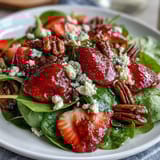 Colorful strawberry spinach salad with creamy goat cheese, candied pecans, and tangy balsamic vinaigrette.  