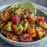 Vibrant mango and pineapple cubes sprinkled with Tajín, fresh lime juice, and sea salt for a refreshing snack.