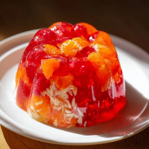 Vibrant Jell-O Salad with bright orange and mandarin pieces, chilled and ready to serve.