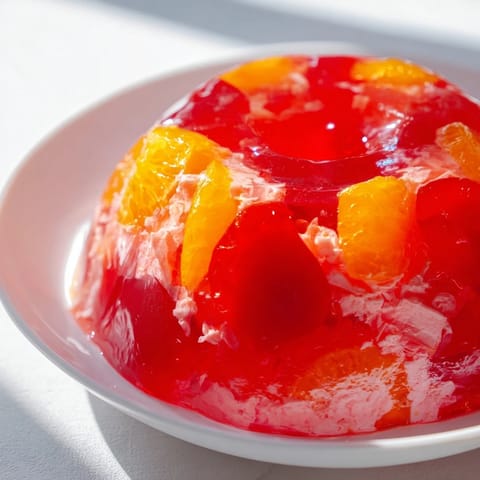 A refreshing close-up of colorful Jell-O Salad with fruit and cottage cheese, perfect for a summer dessert.