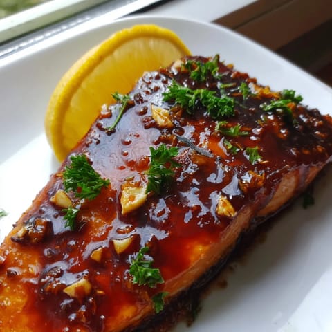 Freshly roasted honey garlic glazed salmon fillets garnished with parsley, alongside steamed broccoli and fluffy rice for a balanced, flavorful dinner.