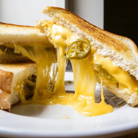 Close-up of a Cheddar Jalapeño Grilled Cheese sandwich in a skillet, showcasing crisp bread, melted cheddar, and pickled jalapeños.
