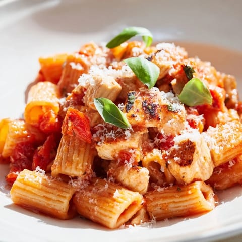 Steaming bowl of Tomato Basil Chicken Pasta with al dente penne, tender chicken, and a vibrant red tomato sauce.  