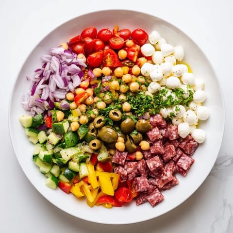 Bright bowl of Crunchy Antipasto Chopped Salad featuring chickpeas, pepperoncini, and fresh herbs tossed with a homemade vinaigrette.