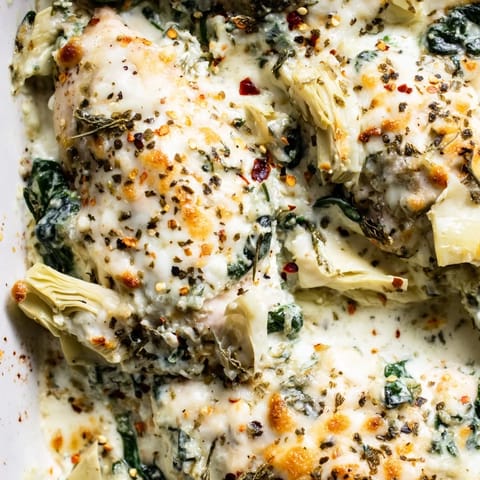 A close-up of Spinach & Artichoke Chicken Bake reveals chopped spinach and artichokes in a savory, tangy sauce, perfect for a weeknight dinner.
