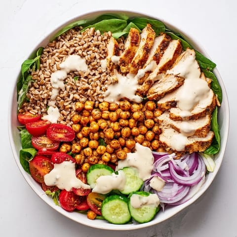 Juicy roasted chicken, hearty farro, and crispy chickpeas sit atop fresh greens in a Lemon Tahini Chicken Power Bowl, ready to drizzle.