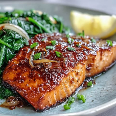 Glossy miso salmon on sautéed spinach with fresh ginger, served with lemon wedges for a bright finish.