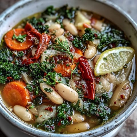 A steaming bowl of Mediterranean White Bean Stew with kale and red bell peppers, garnished with fresh parsley and lemon wedges.
