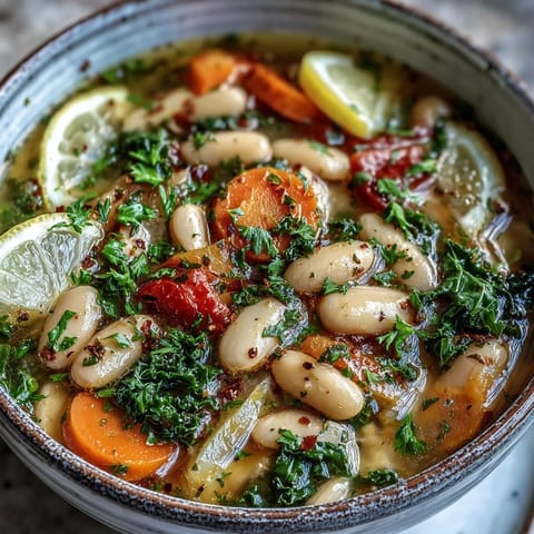 Mediterranean White Bean Stew simmering in a pot, featuring tender white beans, carrots, and colorful vegetables in a rich, fragrant broth.