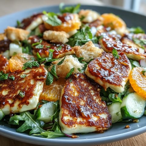 Fresh Halloumi Blood Orange Fattoush salad features golden-fried cheese, juicy citrus, and crisp croutons on greens.