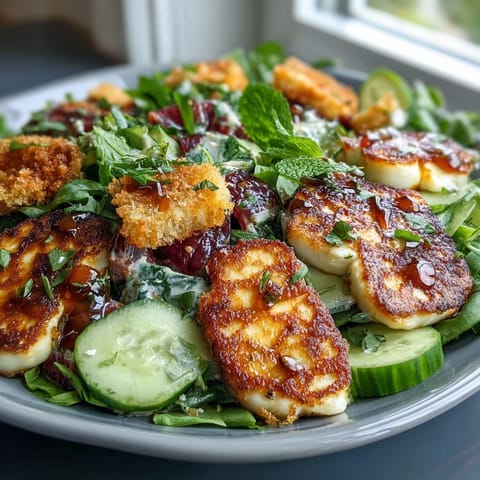 Golden-fried halloumi slices top a vibrant Halloumi Blood Orange Fattoush with cucumber, tomato, and mint.