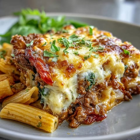 Ground beef, bell peppers, and spinach in tomato sauce bake with whole wheat pasta in this High Protein Italian Beef and Pasta Bake.