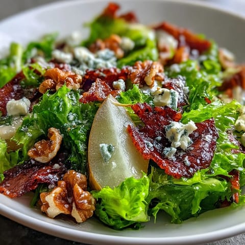 Crispy prosciutto shards rest atop frisée, pear, blue cheese, and crispy prosciutto salad, tossed in a tangy vinaigrette for a light lunch.  