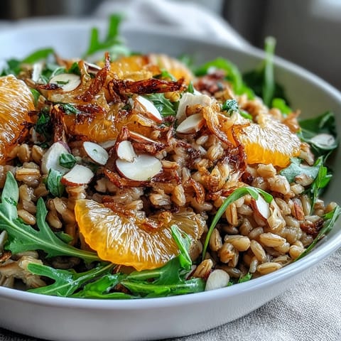 Hearty Farro Salad With Fennel, Oranges, and Almonds tossed in citrus vinaigrette on a rustic wooden table.