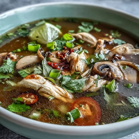 Bowl of hot Tom Yum Chicken soup garnished with fresh cilantro and lime wedges.