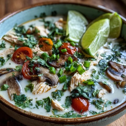Creamy Best Ever Tom Kha Gai Soup features tender chicken, mushrooms, and fresh cilantro garnish.