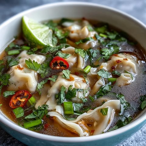 A close-up view of Tom Yum Wonton Soup reveals plump wontons, sliced red chilies, and fresh cilantro garnish in a tangy broth.  