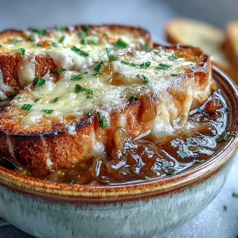 Steaming French Onion Soup in an oven-safe crock, topped with crusty bread and golden, bubbly Gruyère cheese.  