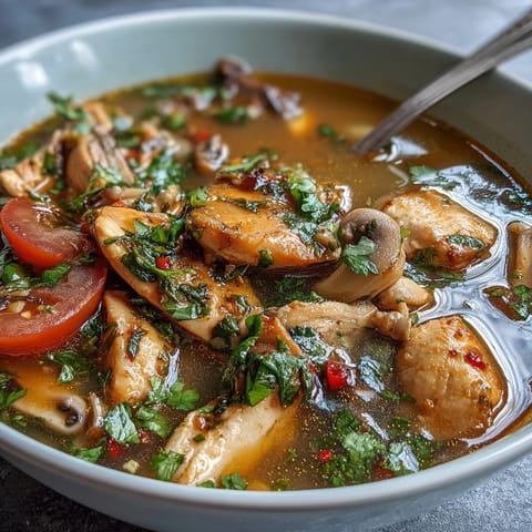 Fresh cilantro and lime garnish this hot and sour Thai Tom Yum Gai soup, served in a white bowl.