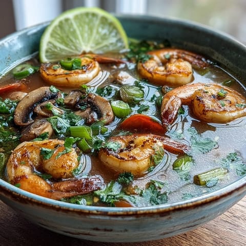 A steaming bowl of homemade Tom Yum Soup featuring shrimp, mushrooms, and fresh Thai herbs like lemongrass and lime.
