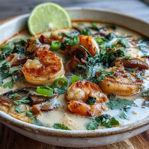 Steaming bowl of Thai Coconut Shrimp Soup garnished with fresh cilantro, green onions, and lime wedges.