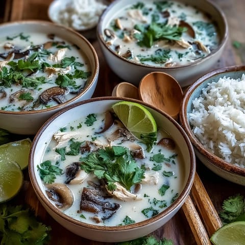 Creamy Tom Kha Soup with tender chicken, mushrooms, and aromatic herbs served steaming hot.