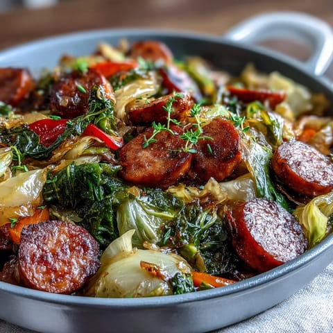 Smothered Cabbage With Sausage Skillet is plated steaming hot beside crusty bread for dinner.