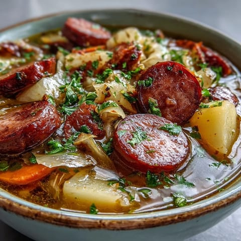 Sliced smoked sausage, diced potatoes, and green cabbage simmered in a savory broth for this Sausage, Potato and Cabbage Soup.