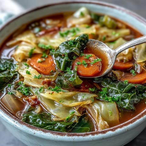 Steaming bowl of Classic Cabbage Soup with tender green cabbage and diced carrots in a savory tomato broth.