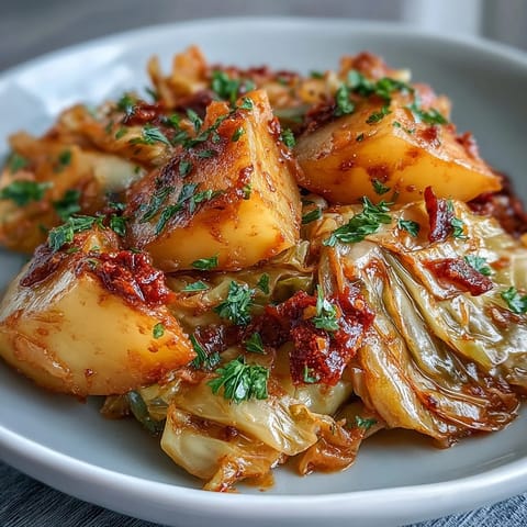Braised cabbage with potatoes and chili served in a rustic bowl topped with fresh parsley.