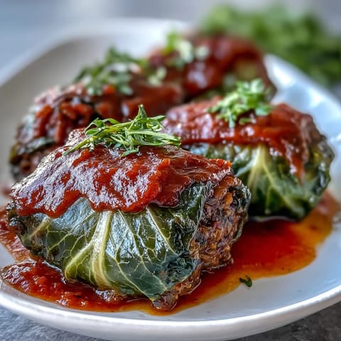 Golden brown Baked Vegan Cabbage Rolls baked with tomato sauce, served alongside a side of mashed potatoes and crusty bread.