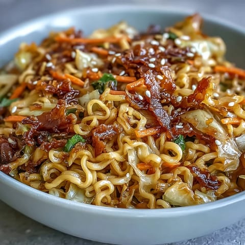Heaping bowl of vegetarian Fried Cabbage Ramen tossed with julienned carrots, scallions, and toasted sesame seeds, ready to eat.
