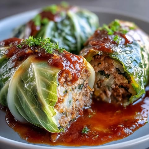 Hearty Cabbage Rolls with savory meat and rice filling, nestled in a bubbling tomato sauce.
