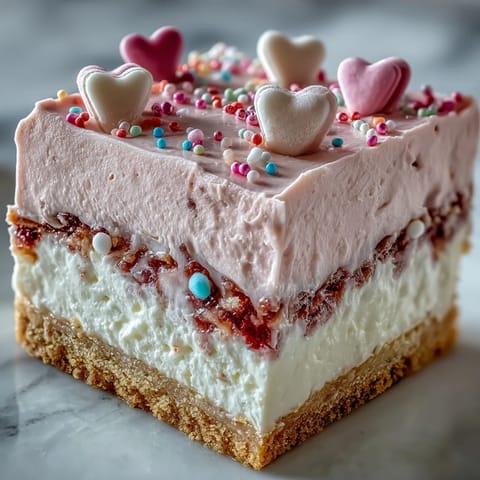 Freshly plated Candy Hearts Fake Cake topped with creamy whipped frosting and colorful candies.