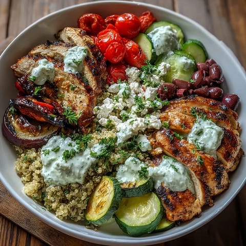 Sizzling charred vegetables and tender grilled chicken or halloumi feature in this vibrant Mediterranean dinner bowl.