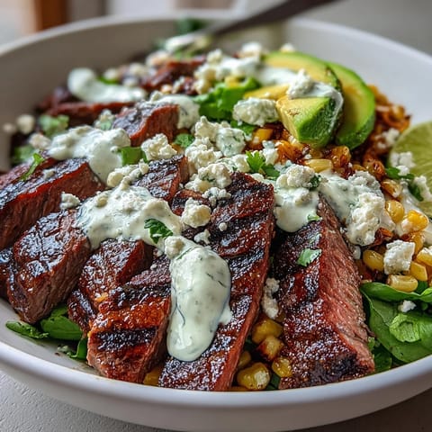A close-up view of a Tex-Mex bowl featuring sliced flank steak, charred roasted corn, and creamy avocado over fluffy quinoa.