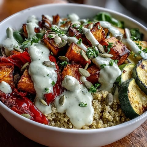 Golden roasted sweet potatoes, zucchini, and bell peppers top a warm bowl of Lentil Power Bowl with fluffy quinoa and creamy tahini dressing.