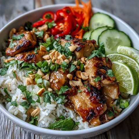 Steamed jasmine rice cooks in creamy coconut milk, forming the fragrant base of a Thai Peanut Chicken Bowl.