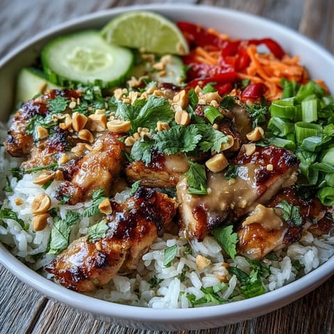 Tender chicken thighs marinated in soy, garlic, and ginger are seared to golden perfection for a Thai Peanut Chicken Bowl.