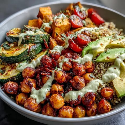 This Chickpea Power Bowl features roasted sweet potatoes and crispy spiced chickpeas over quinoa with creamy avocado and cherry tomatoes.