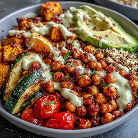 A vibrant Chickpea Power Bowl drizzled with creamy tahini sauce, topped with avocado slices and toasted pumpkin seeds.