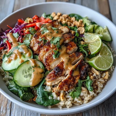 Sliced baked chicken and crisp veggies sit atop fluffy brown rice in a vibrant Peanut Chicken Power Bowl, drizzled with creamy peanut sauce and garnished with chopped peanuts.