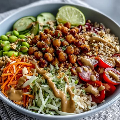 Roasted chickpeas and crisp veggies in a creamy peanut sauce make this vibrant Peanut Chickpea Protein Bowl a nourishing meal.