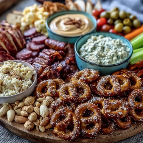 Game Day Baseball Snack Board with Pretzels and Dips: A festive spread of soft pretzels, assorted dips, and savory snacks perfect for game day gatherings.