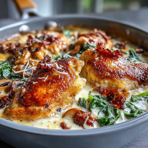 Golden-seared chicken breasts smothered in a velvety Parmesan cream sauce, with sun-dried tomatoes and wilted spinach for a classic Tuscan-inspired meal.  