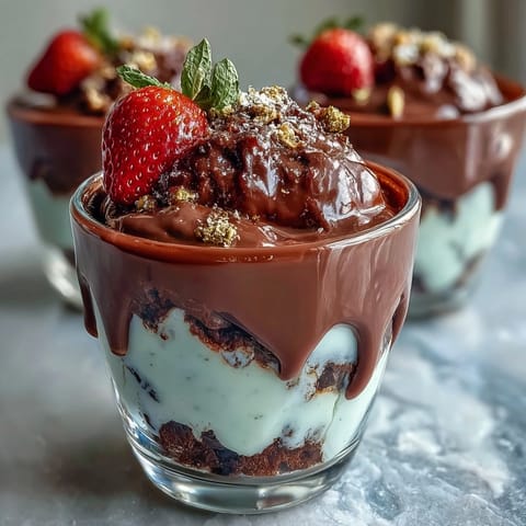 Dubai Chocolate Strawberry Cups with Kataifi and Pistachio Cream: golden kataifi cups filled with dark chocolate and creamy pistachio, topped with fresh strawberries and gold leaf.
