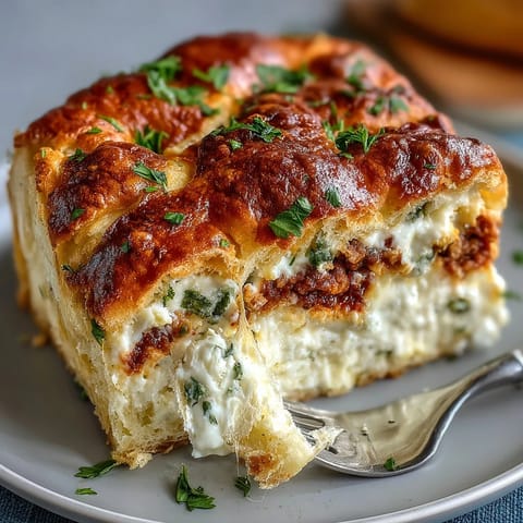 Savory Italian Easter Pie with Ricotta and Salami, featuring a flaky pastry shell stuffed with rich ricotta, salami, and Parmigiano-Reggiano, baked until golden and bubbling.