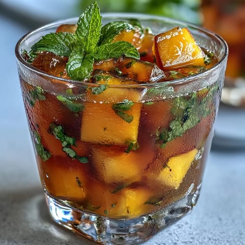 Refreshing mango peach iced tea with mint, served over ice with vibrant fruit slices and fresh mint sprigs.